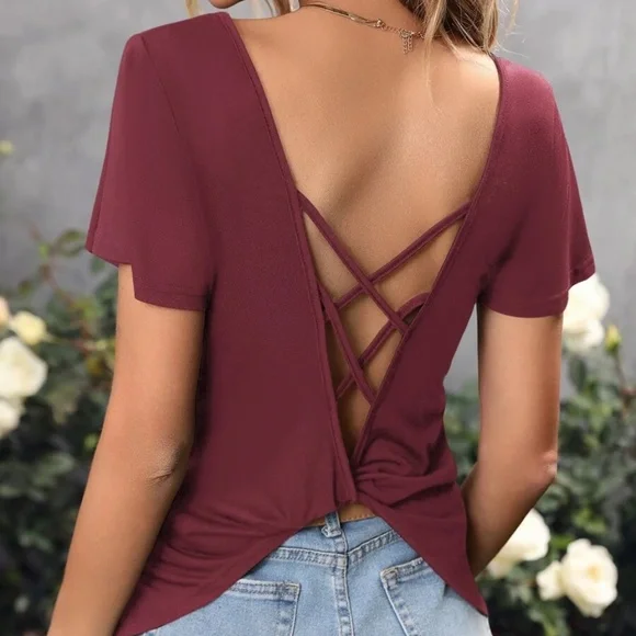 Solid Criss Cross Butterfly Sleeve Top - Picture 9 of 11
